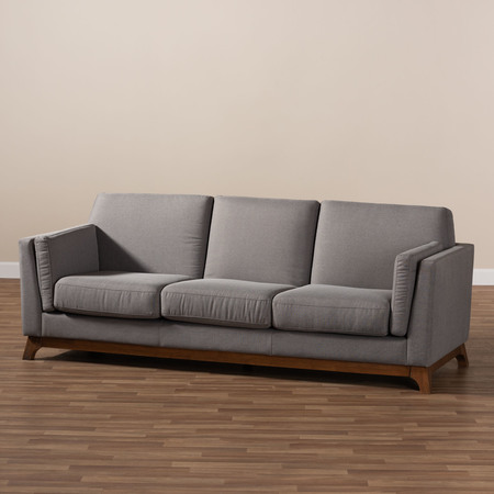 Baxton Studio Sava Grey Upholstered Walnut Wood 3-Seater Sofa 150-8762